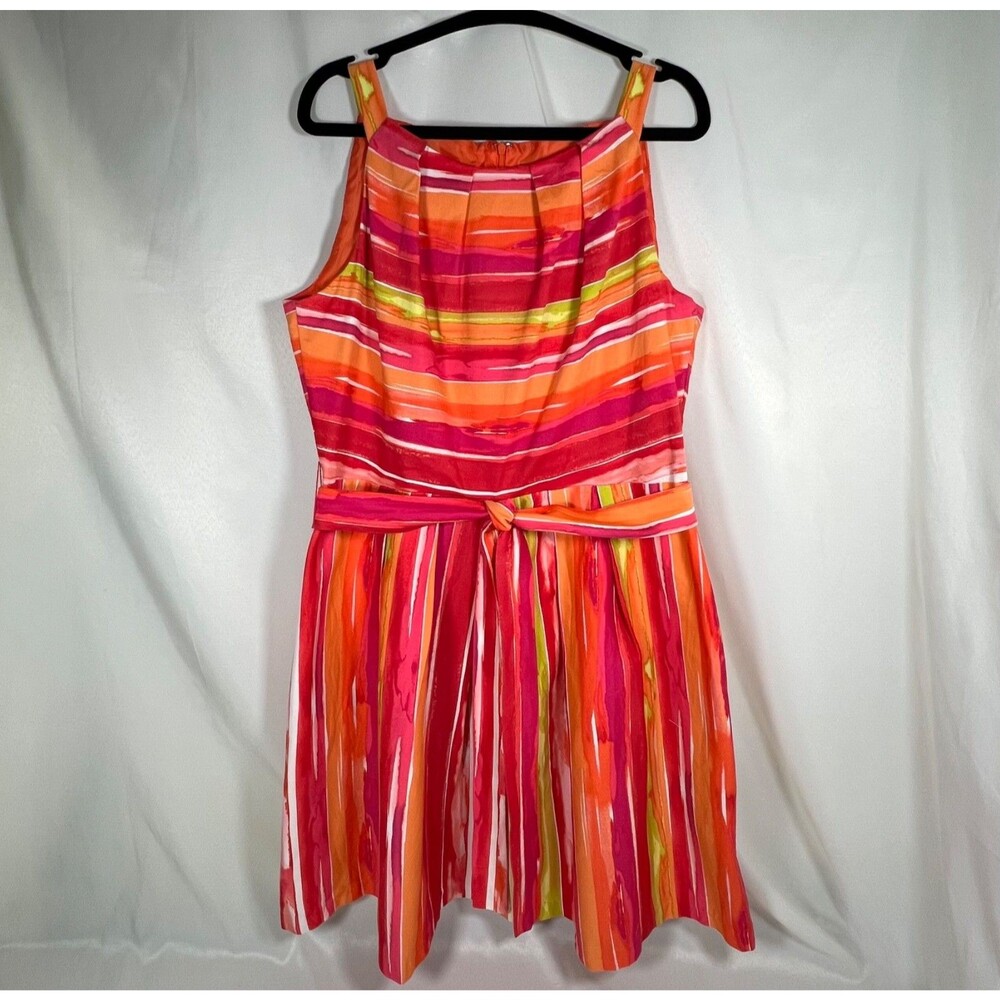 Chetta B Vibrant Abstract Watercolor Stripe Fit & Flare Belted Dress Size 16